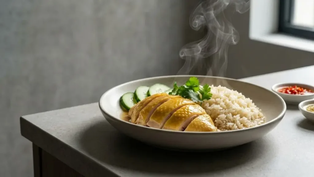 Hainam chicken rice served in a modern bowl with tender poached chicken, fragrant rice, and light steam rising.