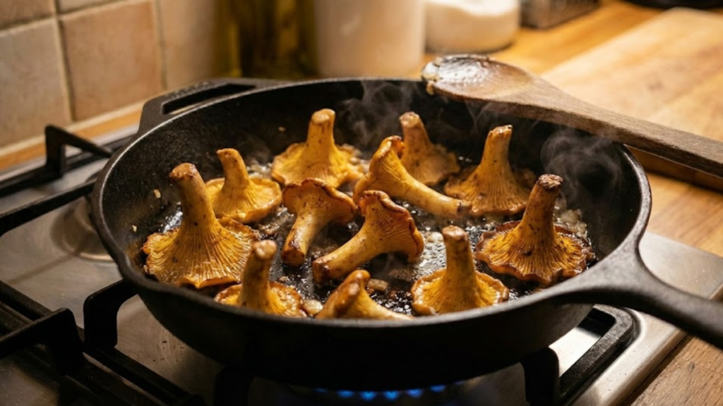 Mushrooms browning in skillet - Rahmschwammerl Recipe