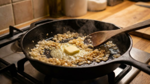 Onions and garlic sautéing in butter