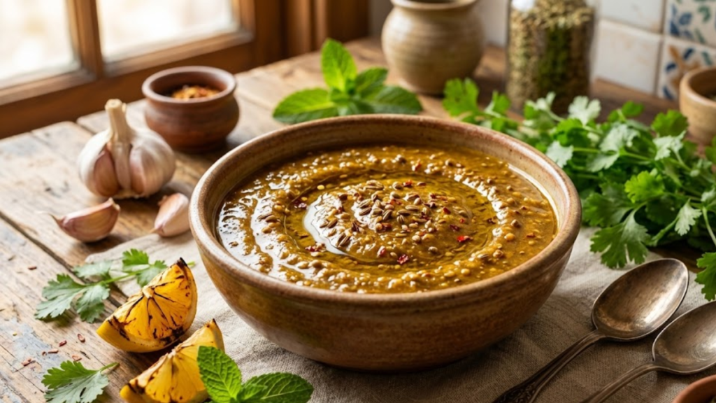 Pharaoh sauce recipe served in a bowl with garlic, lemon, and spices