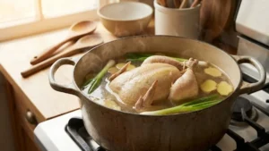 Poaching chicken gently in broth for Hainam chicken rice.