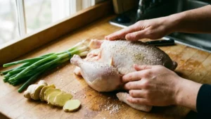 Preparing whole chicken with salt and pepper for Hainam chicken rice.