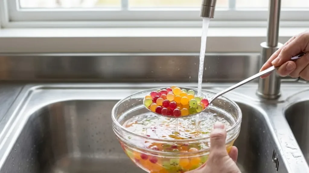 Molecular Gastronomy Recipes Explained: Modern Cooking Where Science Meets Flavor 1 Rinsing molecular gastronomy fruit caviar after spherification - molecular gastronomy recipe