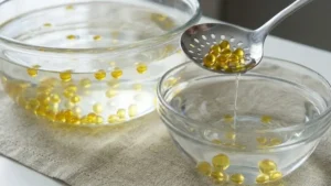 Rinsing molecular gastronomy olive oil pearls in clean water