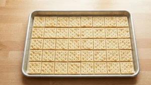 Valentine’s Day Crack Candy – The Sweet & Salty Treat Everyone Is Obsessed With 4 Saltine crackers arranged on baking sheet