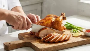 Slicing poached chicken for Hainam chicken rice.