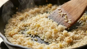 Toasting jasmine rice with aromatics for Hainam chicken rice.