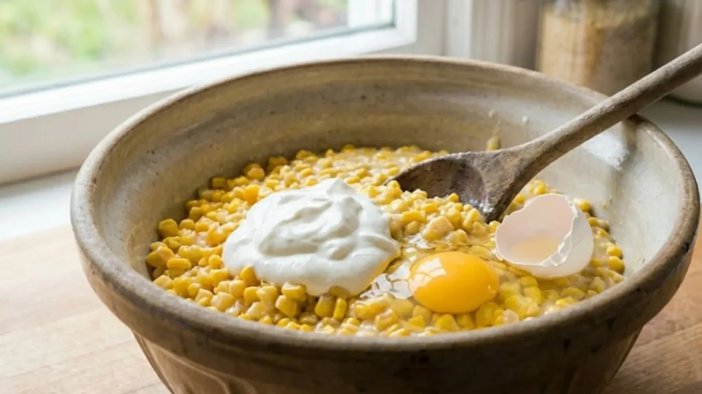 Adding sour cream and eggs to corn pudding mixture - Corn Pudding Recipe