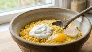 Adding sour cream and eggs to corn pudding mixture
