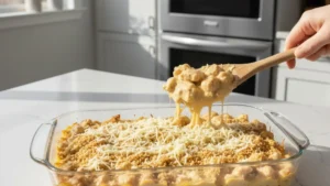 Assembling turbriskafil in baking dish before baking.