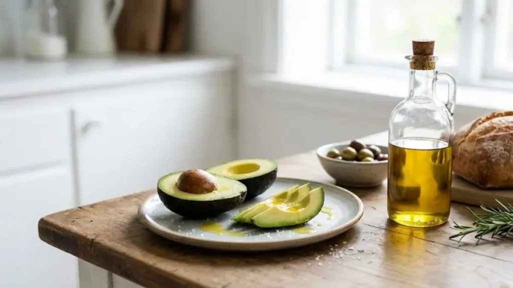 Avocado and olive oil, healthy fats that promote longevity and reduce inflammation