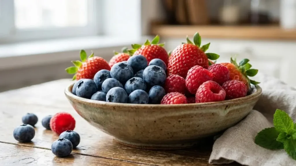 Berries such as blueberries and strawberries, antioxidant-rich foods that promote longevity