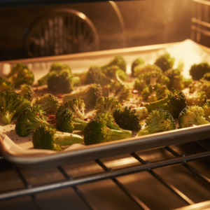 Broccoli roasting in oven with crispy edges