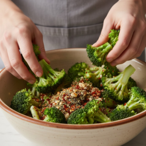 Broccoli tossed with olive oil and spicy seasoning