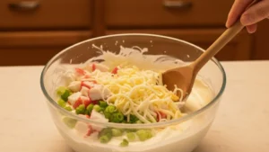 Crab meat and shredded cheese folded into crab rangoon dip mixture