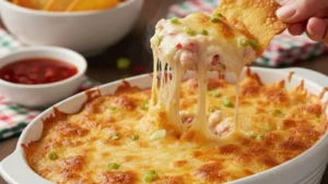 Crab rangoon dip being served with crispy wonton chips