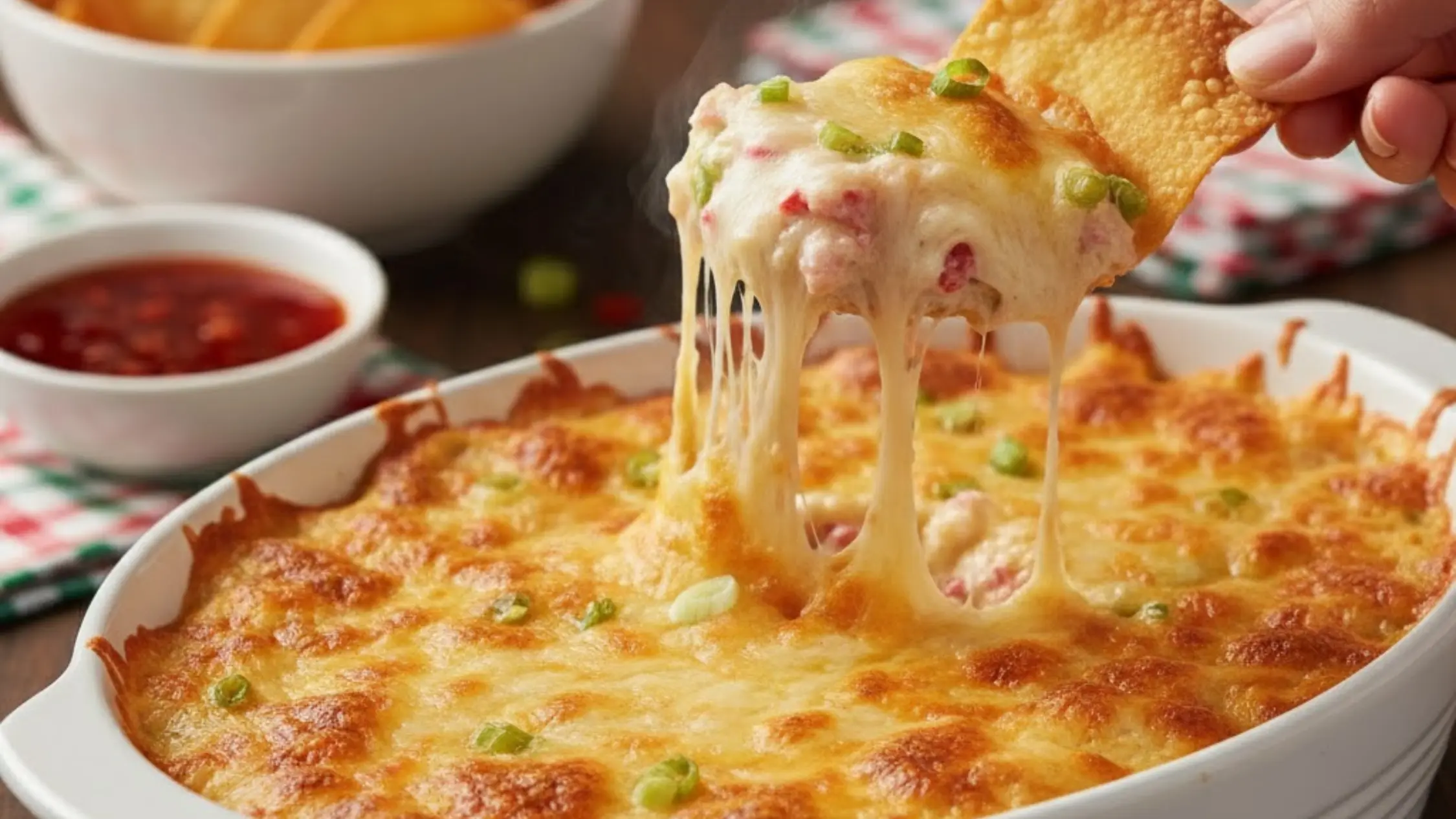 Crab rangoon dip being served with crispy wonton chips