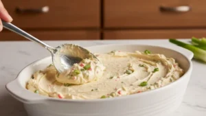 Crab rangoon dip spread into a baking dish before baking