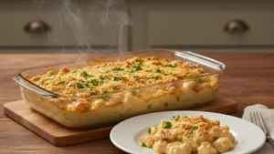 Creamy baked turbriskafil served on plate.