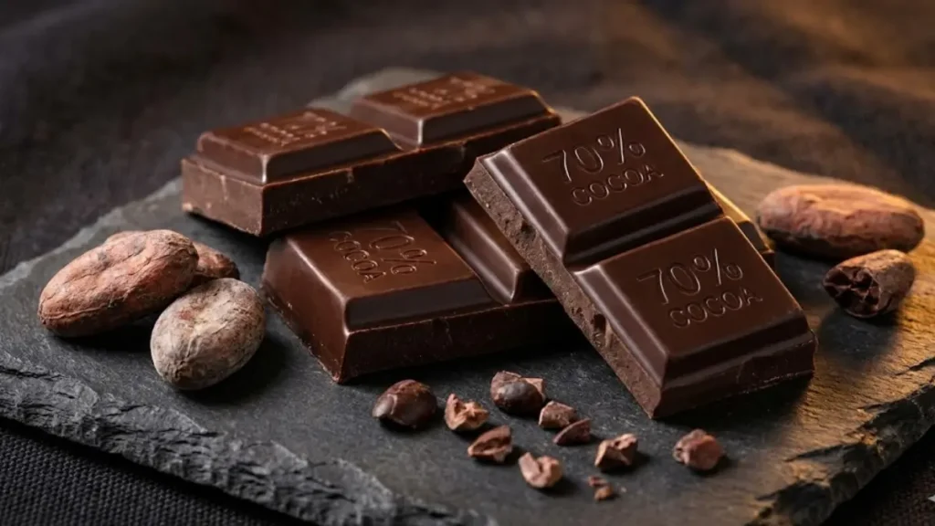 Dark chocolate with cocoa beans, antioxidant-rich food that supports longevity