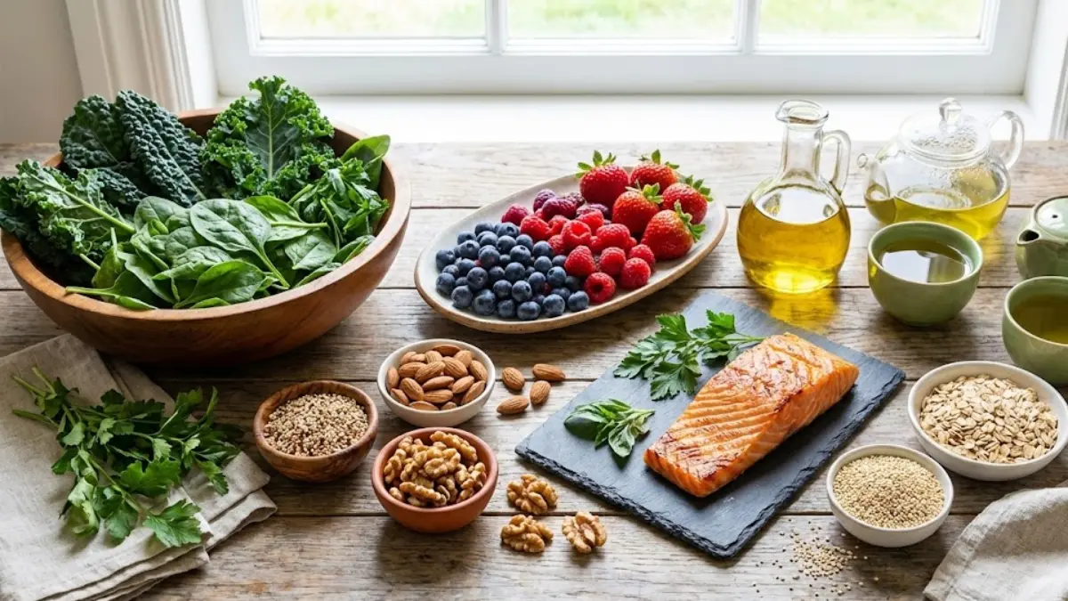 Foods that promote longevity including leafy greens, berries, fish, nuts, whole grains, and olive oil