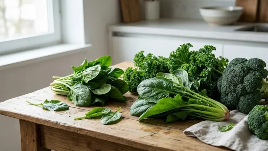 Fresh leafy green vegetables like spinach, kale, and broccoli that promote longevity and healthy aging