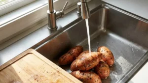Fresh sweet potatoes being washed under running water before cooking