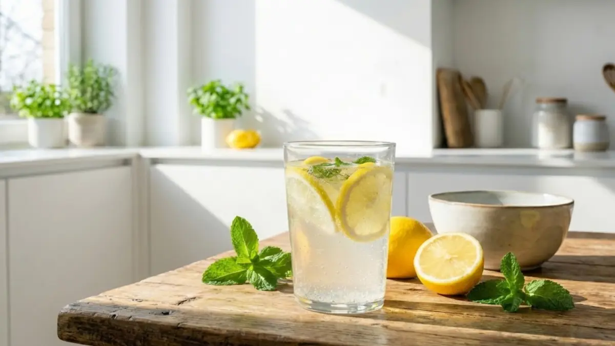 Glass of homemade gelatin weight loss drink with lemon, low-calorie appetite control recipe