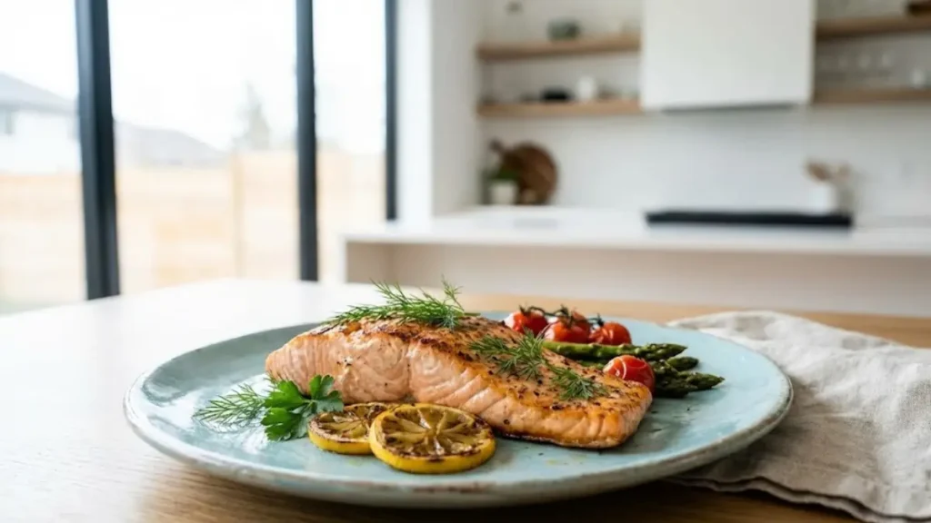 Grilled salmon rich in omega-3 fatty acids, a food that promotes longevity and heart health
