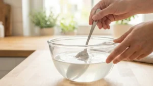 Gelatin Weight Loss Recipe - A Science-Backed Guide for Appetite Control and Mindful Eating 4 Hand stirring dissolved gelatin mixture in a glass mug until smooth and fully blended.