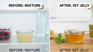 Gelatin Weight Loss Recipe - A Science-Backed Guide for Appetite Control and Mindful Eating 6 Homemade gelatin mixture setting into jelly inside the refrigerator for a healthy low-calorie snack.