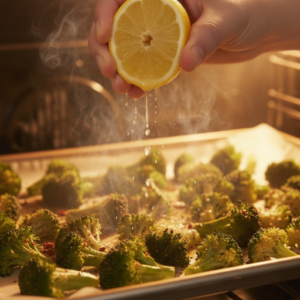Lemon juice added to roasted spicy broccoli