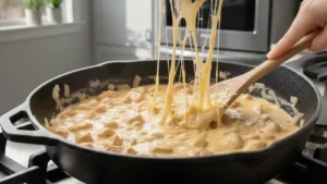 Melting cheese into creamy turbriskafil sauce.
