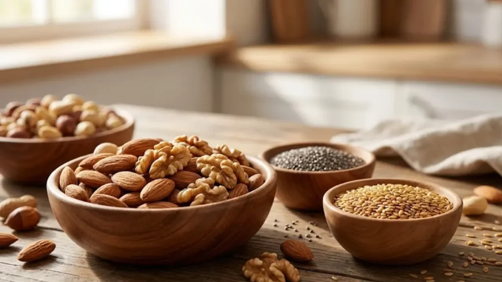 Mixed nuts and seeds including almonds and flaxseeds that support longevity and healthy aging