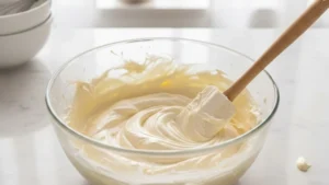 Mixing cream cheese, sour cream, and mayonnaise to make the base for crab rangoon dip