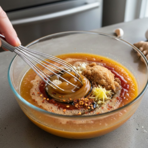 Kilauea Chicken Recipe 3 Mixing pineapple marinade for Kilauea chicken recipe in a bowl