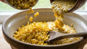Mixing whole corn and creamed corn for corn pudding