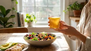 Gelatin Weight Loss Recipe - A Science-Backed Guide for Appetite Control and Mindful Eating 7 Person drinking a gelatin weight loss drink before a healthy meal to reduce hunger and control portions.