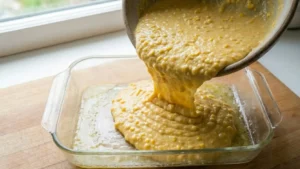 Pouring corn pudding batter into baking dish