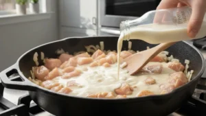 Pouring cream into skillet for turbriskafil sauce.