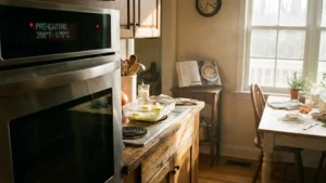 Preheating oven and melting butter for corn pudding