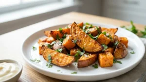 Roasted sweet potato recipe served on a plate with fresh herbs