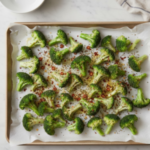 Seasoned broccoli arranged on baking tray