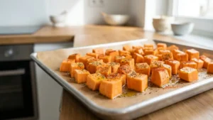 Seasoned sweet potato cubes arranged on a baking tray for roasting
