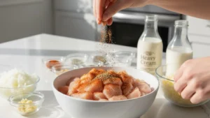 Seasoning chicken with spices for creamy turbriskafil recipe.