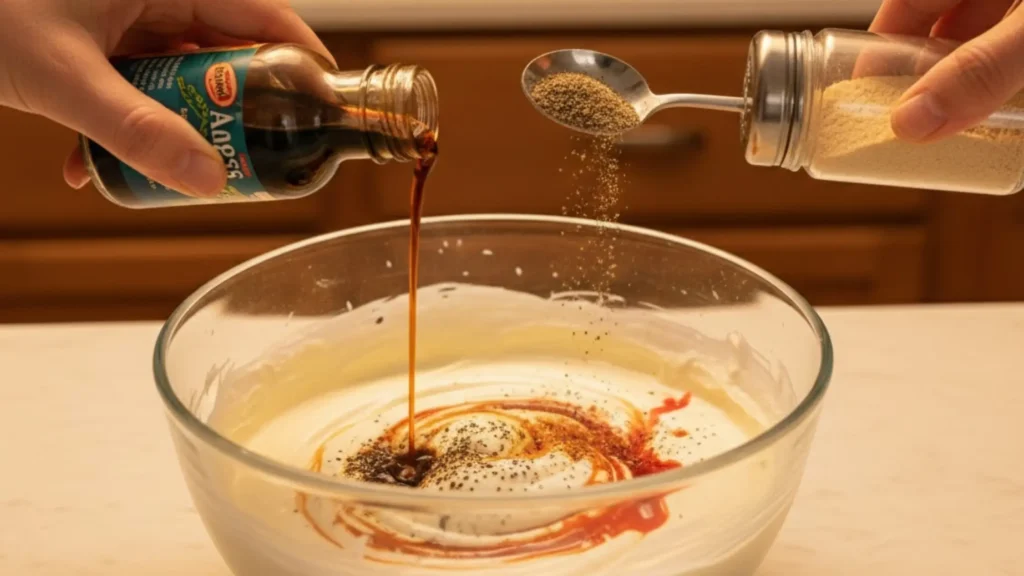 Seasonings being added to creamy crab rangoon dip mixture—Crab Rangoon Dip Recipe