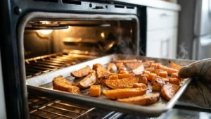 Sweet potatoes roasting in the oven until golden and tender