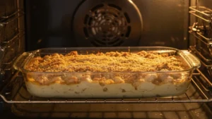 Turbriskafil baking in oven with golden top.