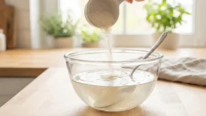 Gelatin Weight Loss Recipe - A Science-Backed Guide for Appetite Control and Mindful Eating 3 Unflavored gelatin powder dissolving in warm water in a glass bowl to prepare a healthy gelatin weight loss drink.