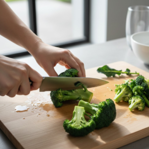 Washing and cutting fresh broccoli florets